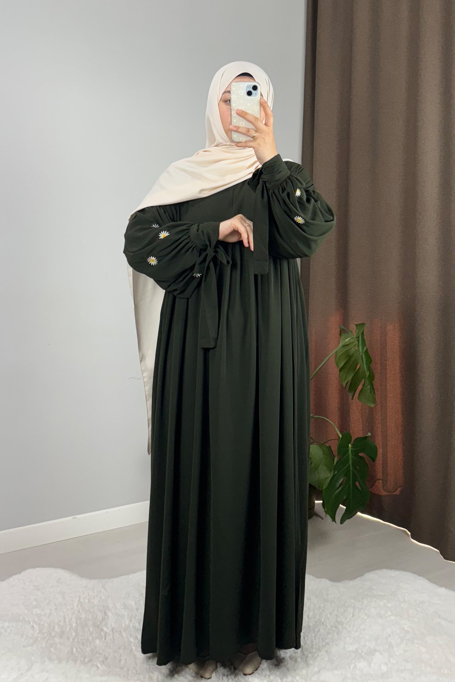 Asel Papatya Nakışlı Yeşil Tesettür Hijab Elbise