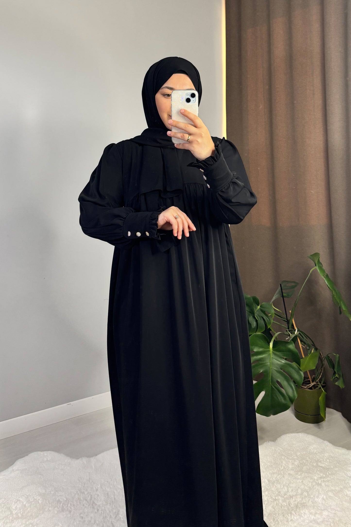 Mira Manşetli Siyah Tesettür Hijab Elbise