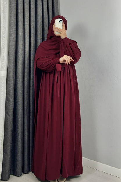 Alya Kol Bağlamalı Bordo Tesettür Hijab Elbise