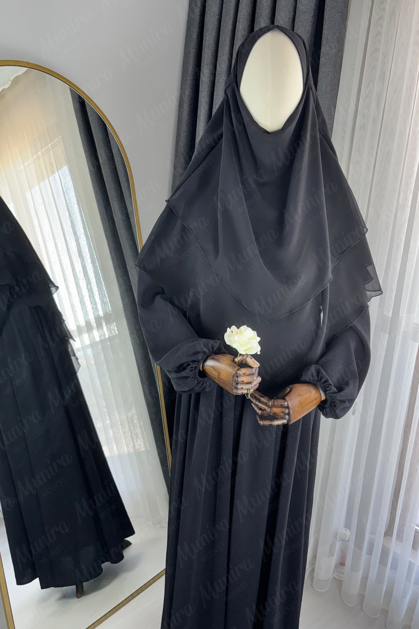 Siyah Ayrobin Elbise Siyah Sufle Tesettür Hijab Takımı