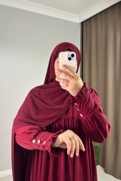 Mira Manşetli Bordo Tesettür Hijab Elbise