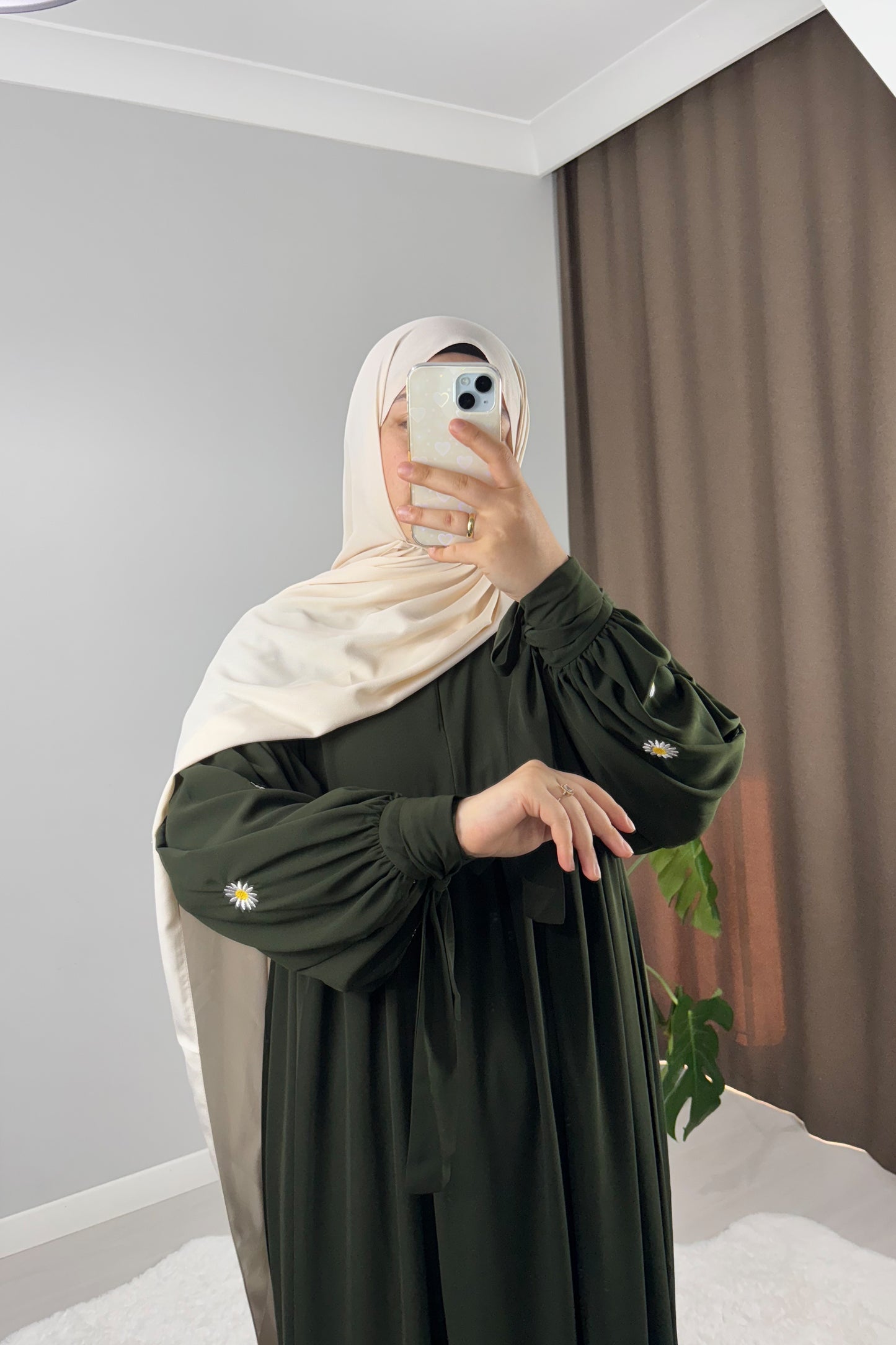 Asel Papatya Nakışlı Yeşil Tesettür Hijab Elbise