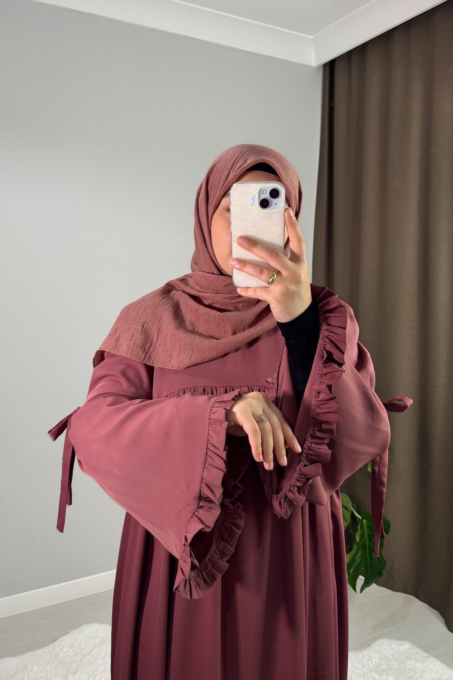 Neva Fırfırlı Gül Kurusu Tesettür Hijab Elbise