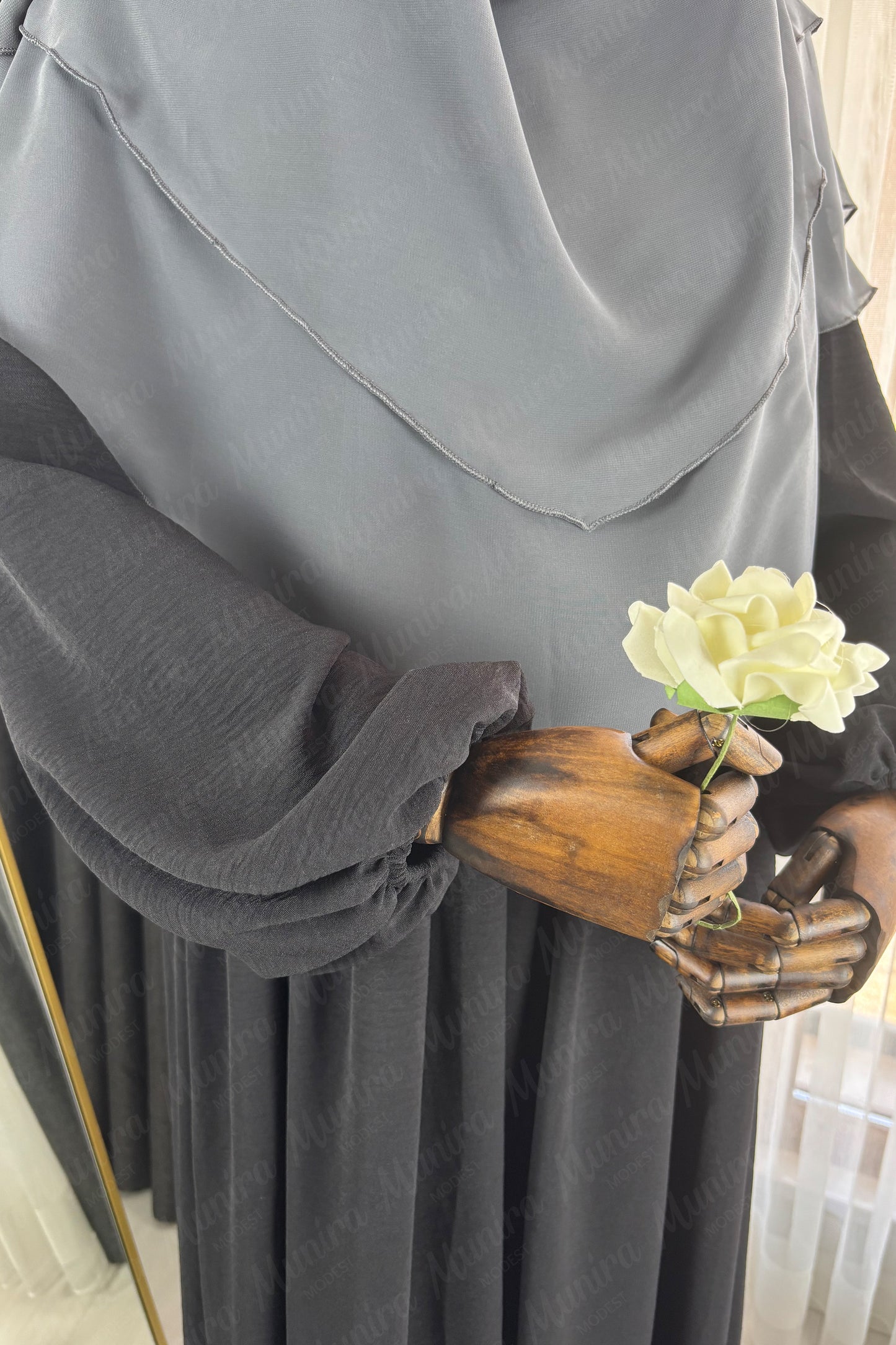 Siyah Ayrobin Elbise Füme Sufle Tesettür Hijab Takımı