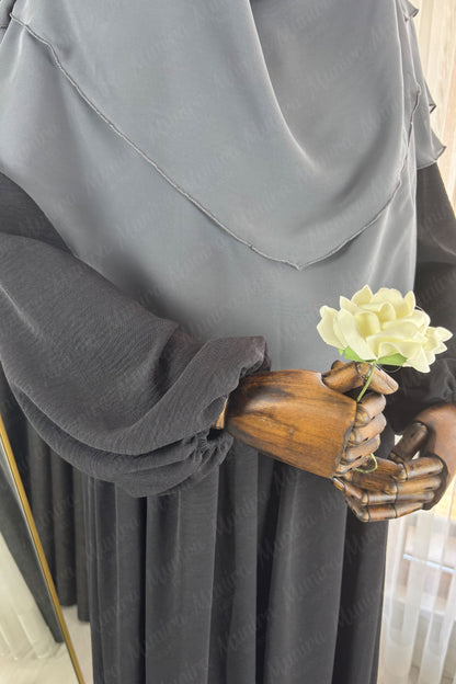 Siyah Ayrobin Elbise Füme Sufle Tesettür Hijab Takımı