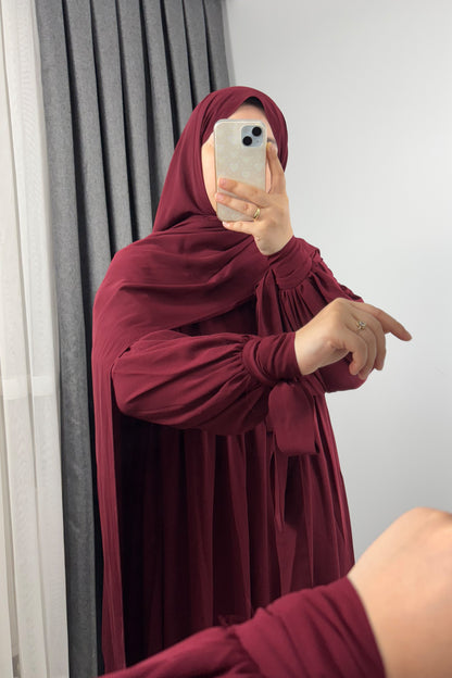 Alya Kol Bağlamalı Bordo Tesettür Hijab Elbise