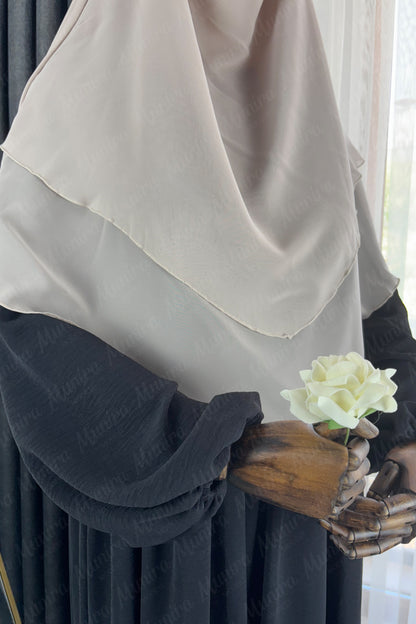 Siyah Ayrobin Elbise Krem Sufle Tesettür Hijab Takımı