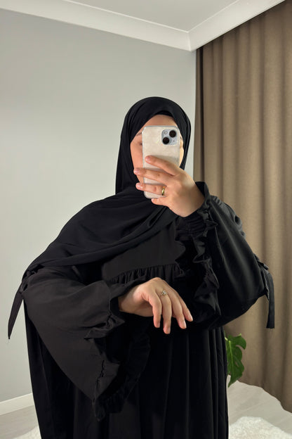 Neva Fırfırlı Siyah Tesettür Hijab Elbise