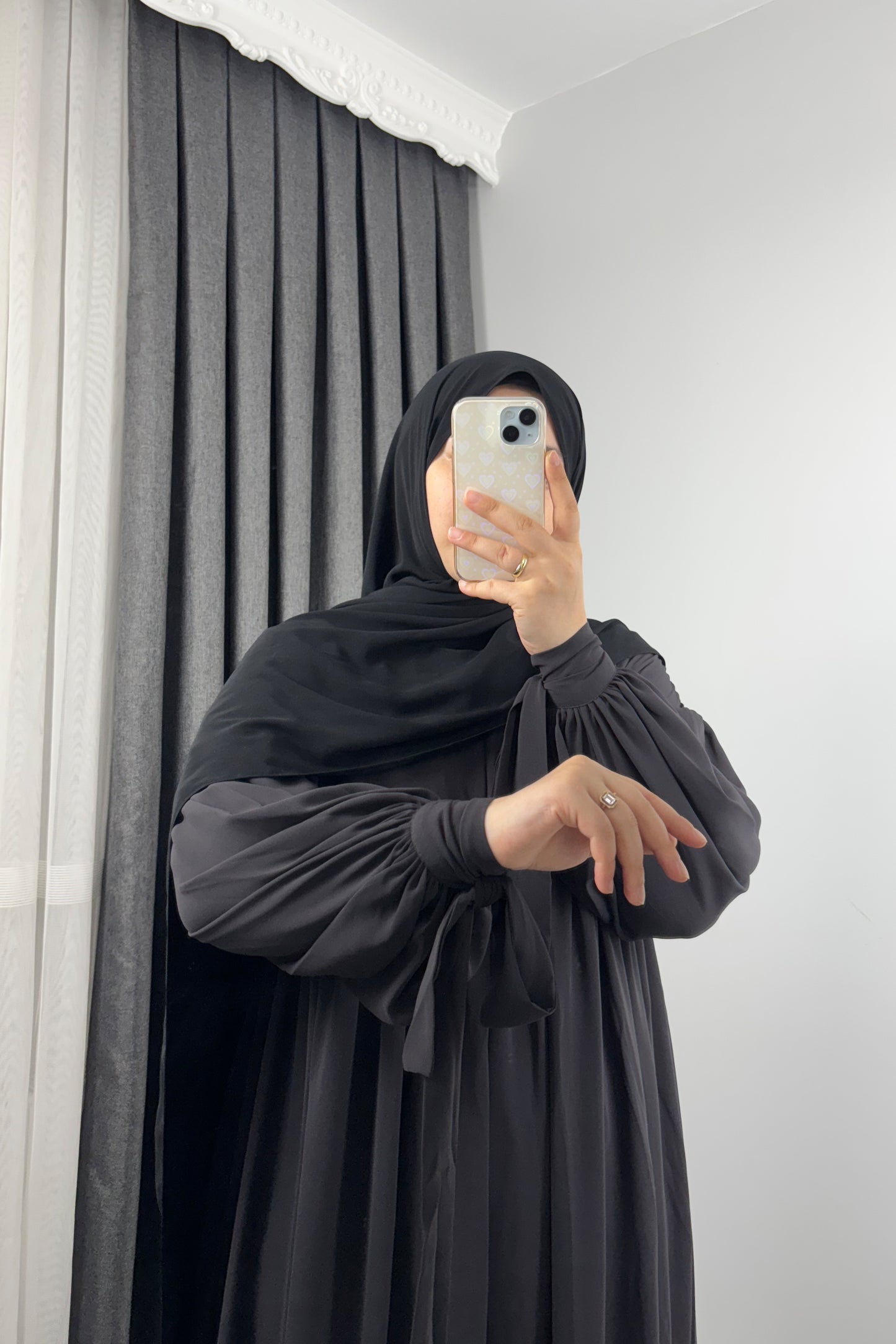 Alya Kol Bağlamalı Füme Tesettür Hijab Elbise