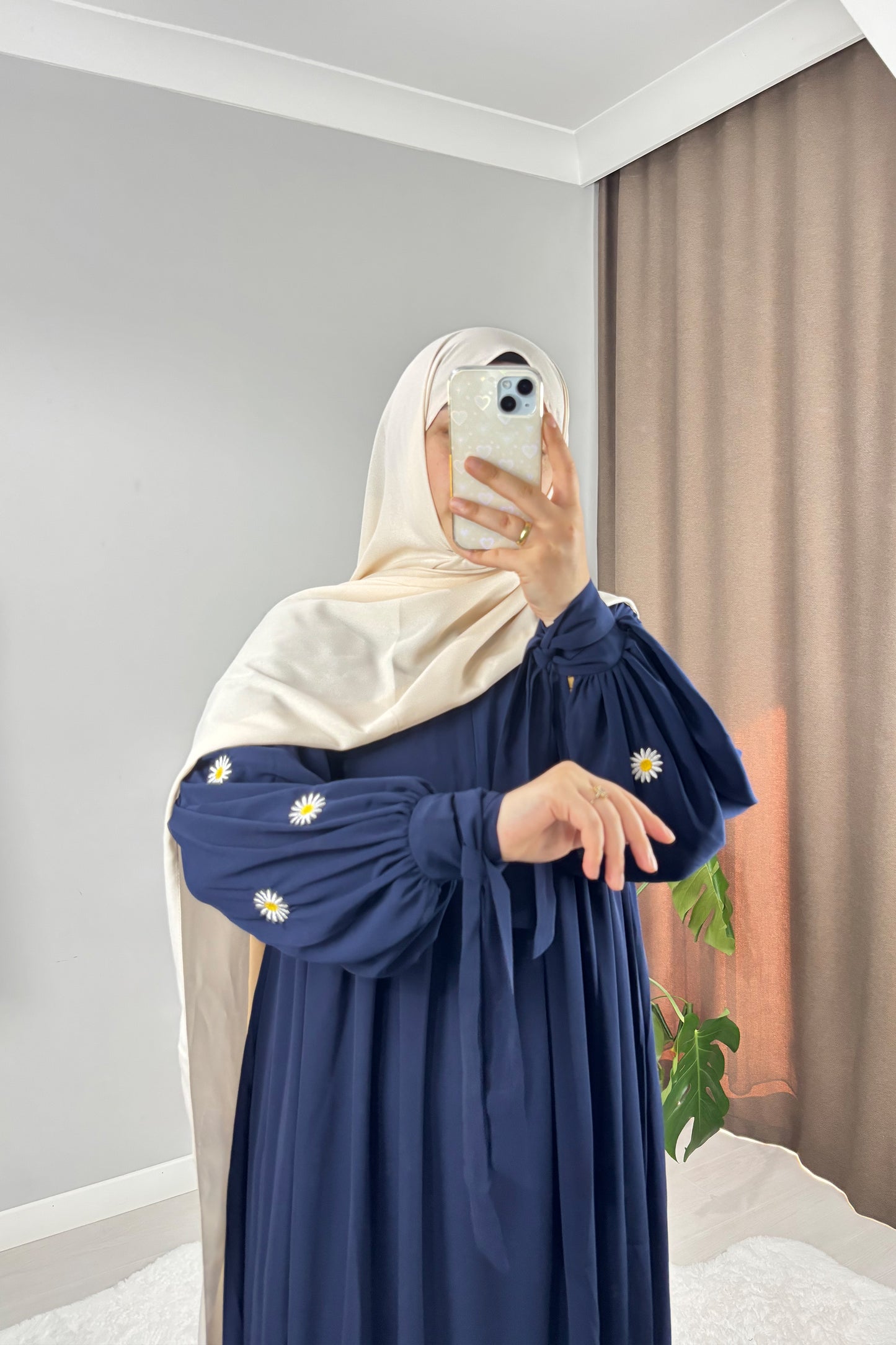 Asel Papatya Nakışlı Lacivert Tesettür Hijab Elbise