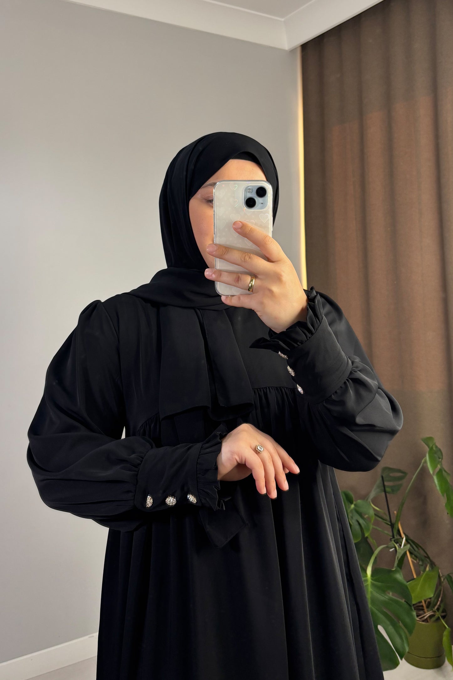 Mira Manşetli Siyah Tesettür Hijab Elbise