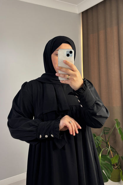 Mira Manşetli Siyah Tesettür Hijab Elbise