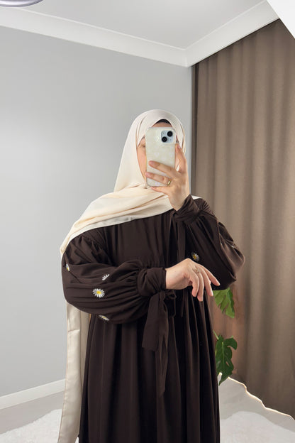 Asel Papatya Nakışlı Acı Kahve Tesettür Hijab Elbise