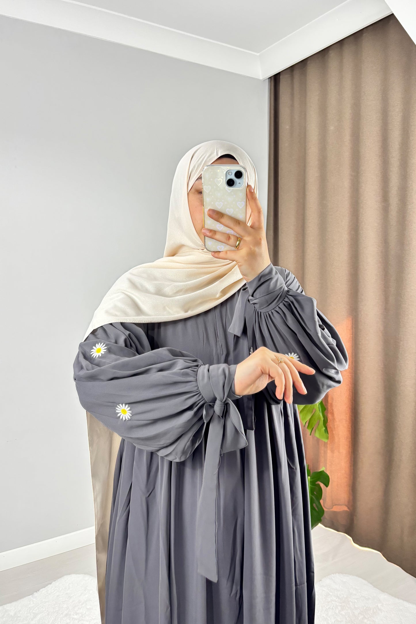 Asel Papatya Nakışlı Füme Tesettür Hijab Elbise