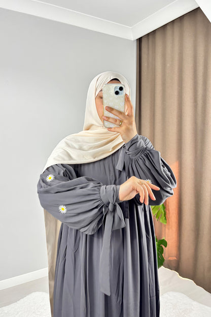 Asel Papatya Nakışlı Füme Tesettür Hijab Elbise