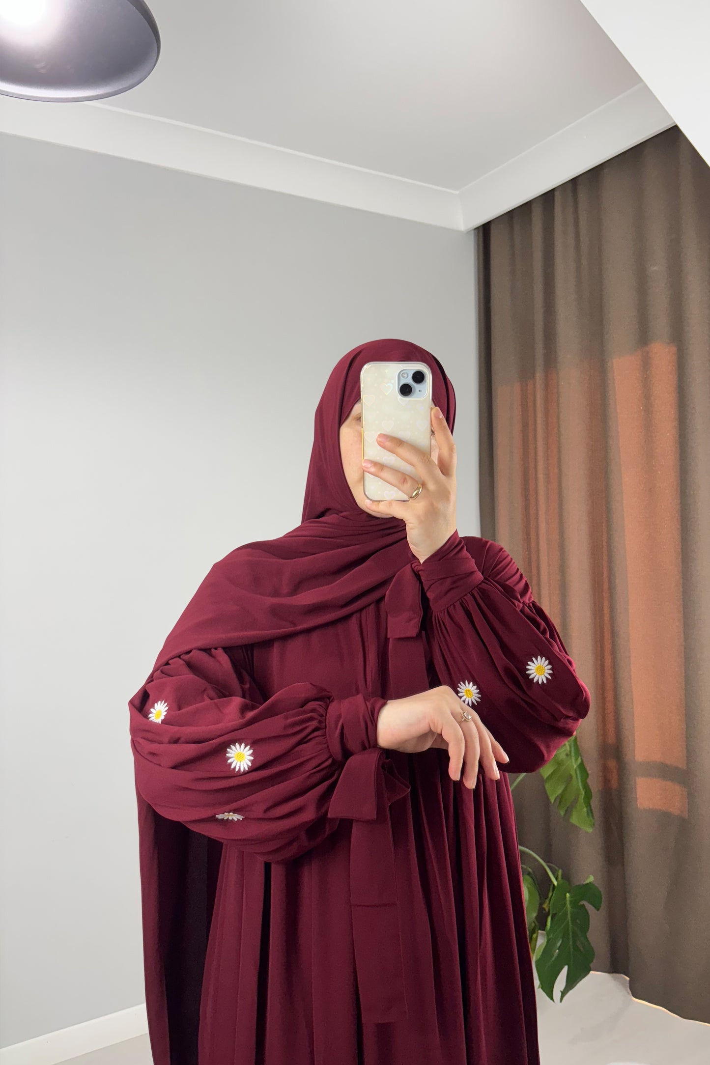 Asel Papatya Nakışlı Bordo Tesettür Hijab Elbise