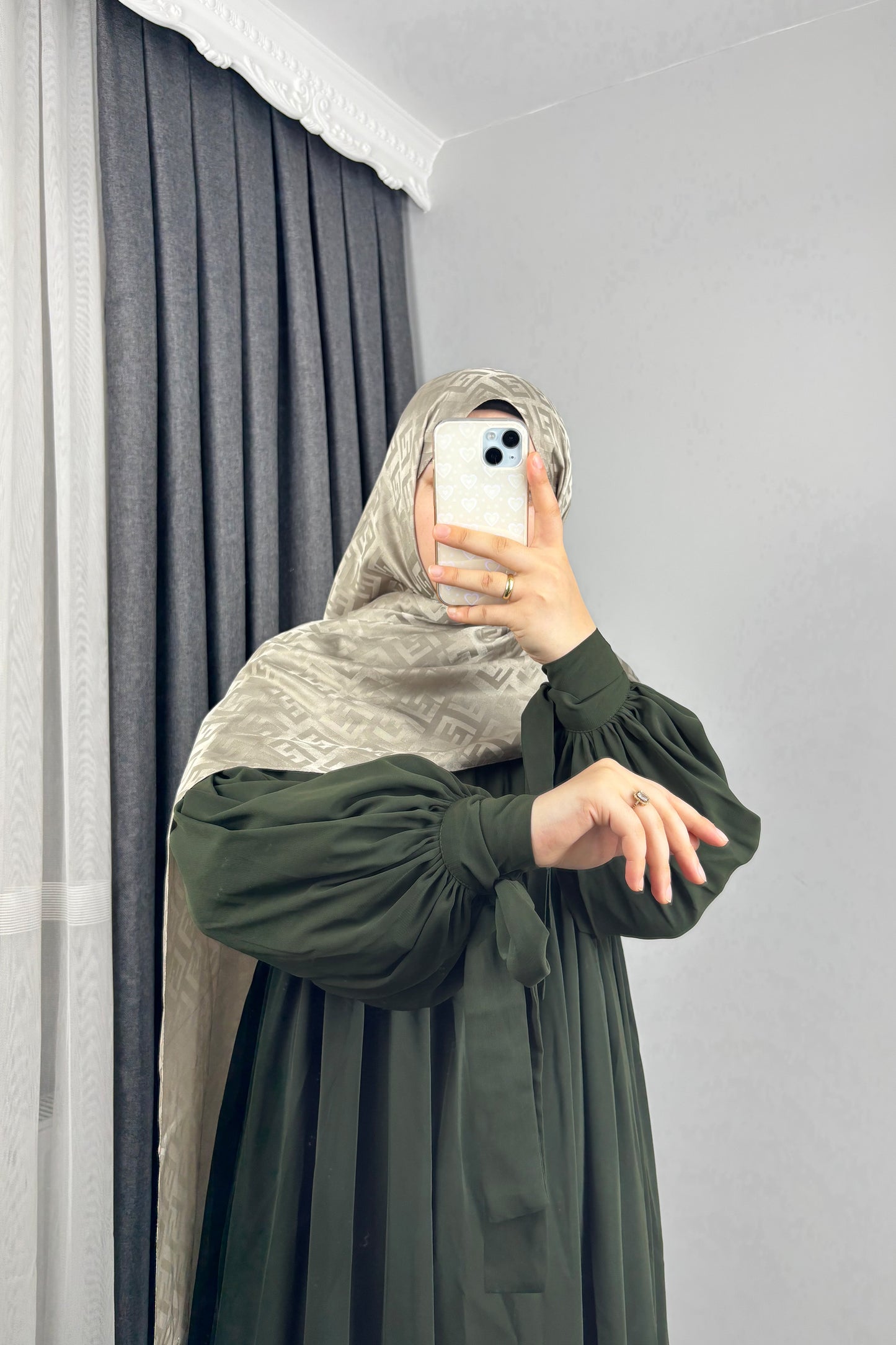 Alya Kol Bağlamalı Haki Tesettür Hijab Elbise