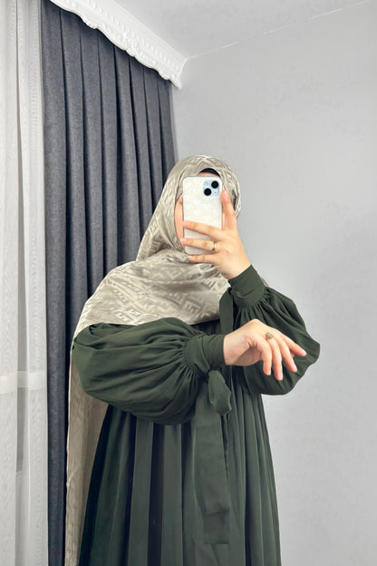 Alya Kol Bağlamalı Haki Tesettür Hijab Elbise