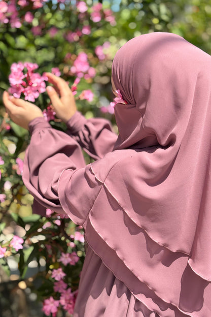 Alya Kol Bağlamalı Gül Kurusu Elbise Gül Kurusu Sufle Tesettür Hijab Takımı