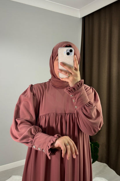 Mira Manşetli Gül Kurusu Tesettür Hijab Elbise