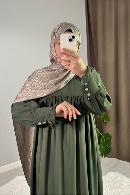 Mira Manşetli Haki Yeşil Tesettür Hijab Elbise
