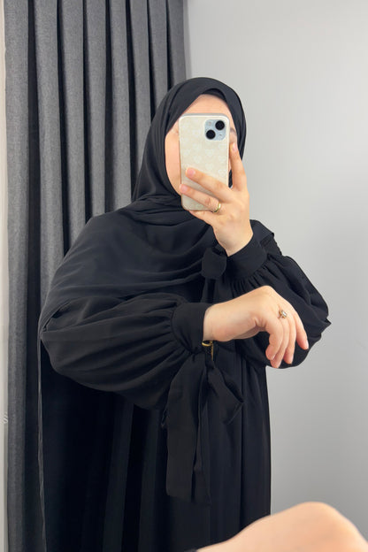 Alya Kol Bağlamalı Siyah Tesettür Hijab Elbise