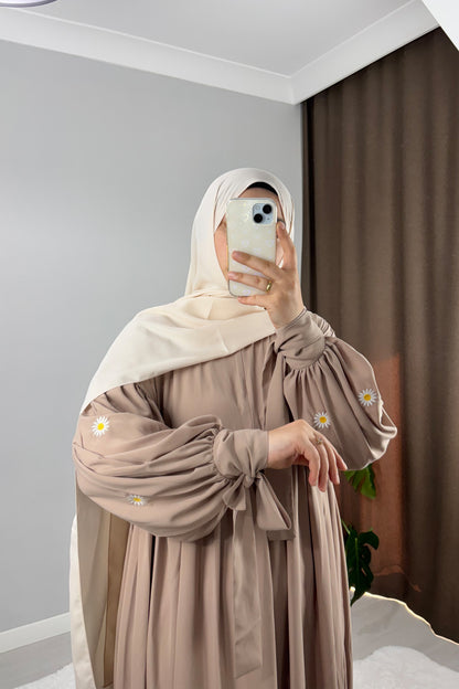 Asel Papatya Nakışlı Krem Tesettür Hijab Elbise