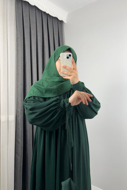 Alya Kol Bağlamalı Zümrüt Yeşil Tesettür Hijab Elbise