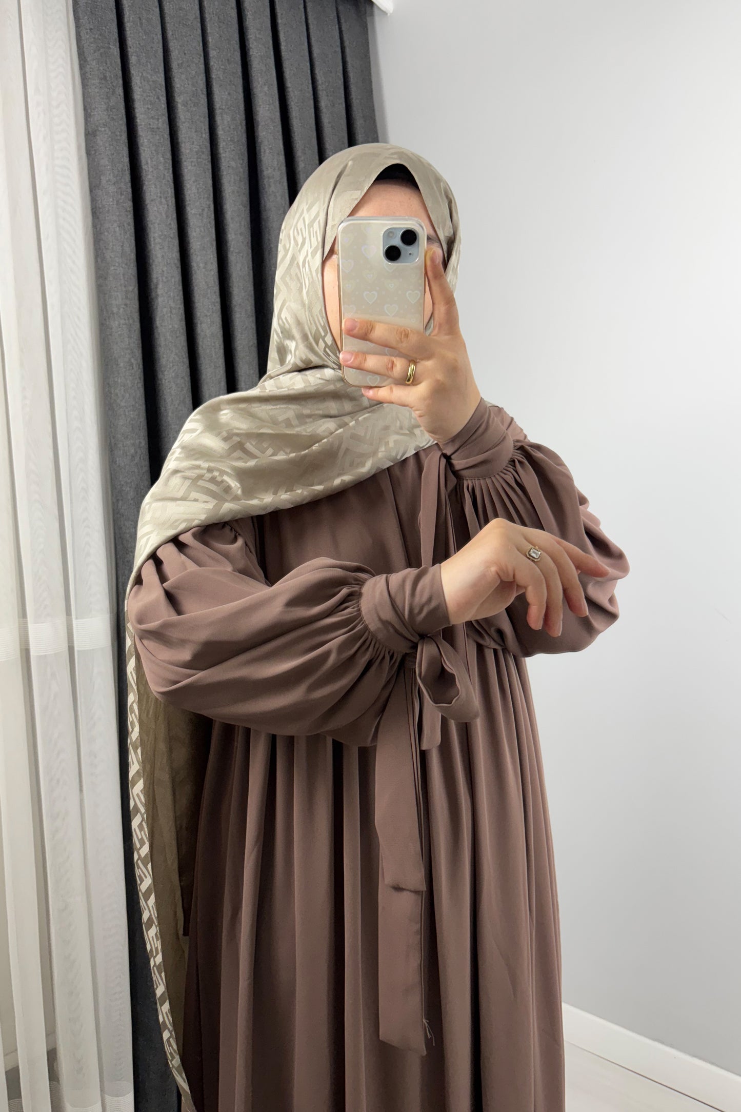 Alya Kol Bağlamalı Koyu Vizon Tesettür Hijab Elbise