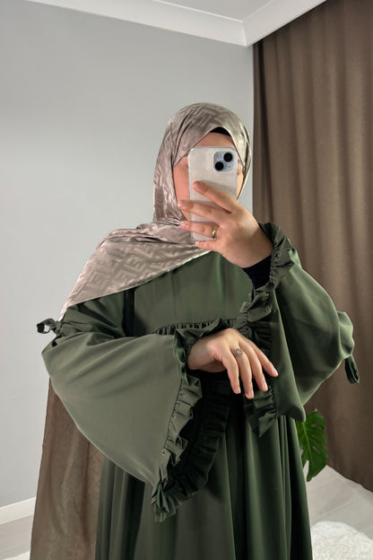 Neva Fırfırlı Haki Yeşil Tesettür Hijab Elbise