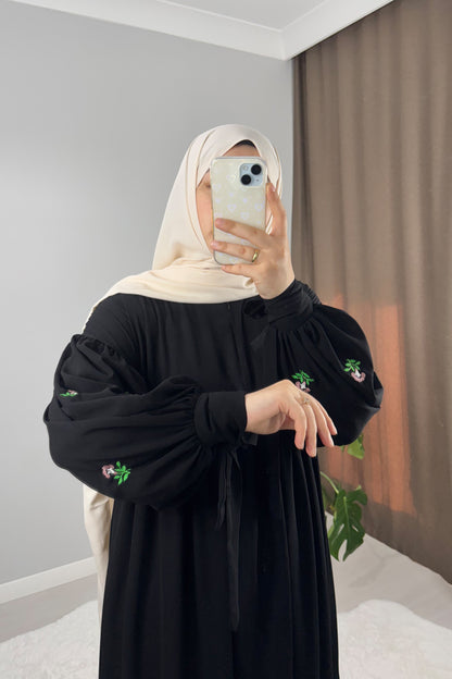 Asel Çiçek Nakışlı Siyah Tesettür Hijab Elbise