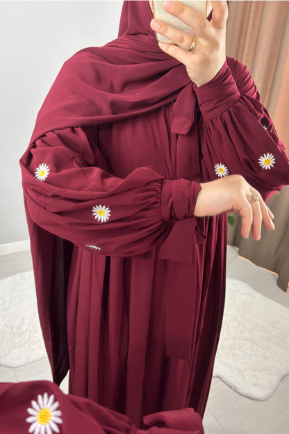 Asel Papatya Nakışlı Bordo Tesettür Hijab Elbise