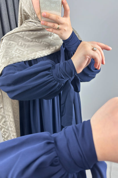 Alya Kol Bağlamalı Lacivert Tesettür Hijab Elbise