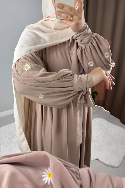 Asel Papatya Nakışlı Krem Tesettür Hijab Elbise