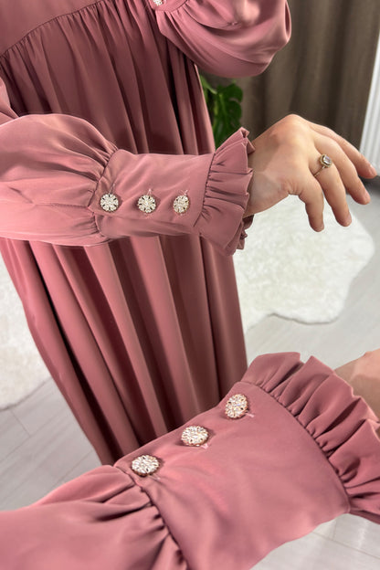 Mira Manşetli Gül Kurusu Tesettür Hijab Elbise