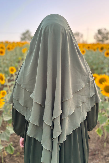 Alya Kol Bağlamalı Haki Elbise Haki Sufle Tesettür Hijab Takımı