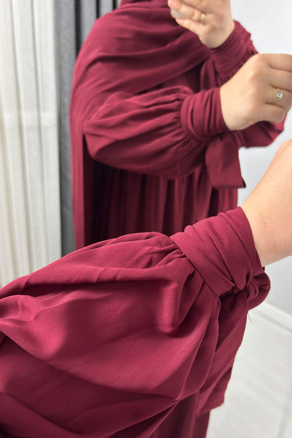 Alya Kol Bağlamalı Bordo Tesettür Hijab Elbise