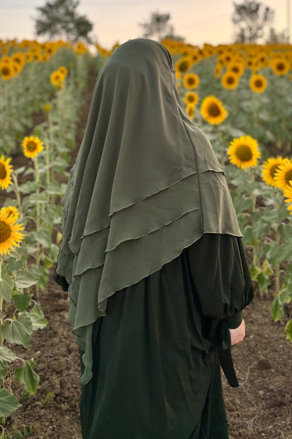 Alya Kol Bağlamalı Haki Elbise Haki Sufle Tesettür Hijab Takımı