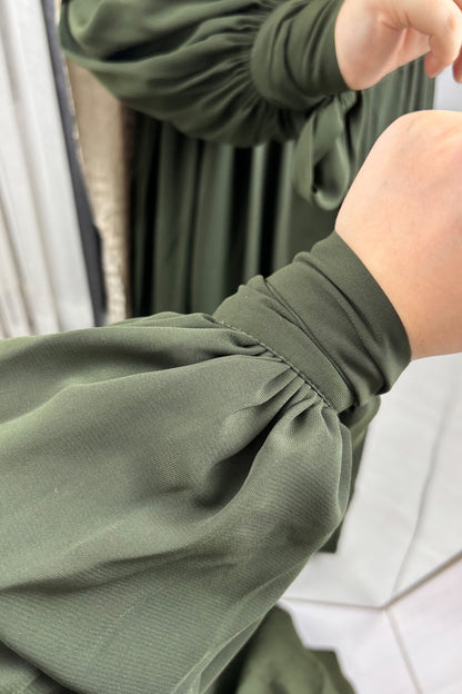 Alya Kol Bağlamalı Haki Tesettür Hijab Elbise