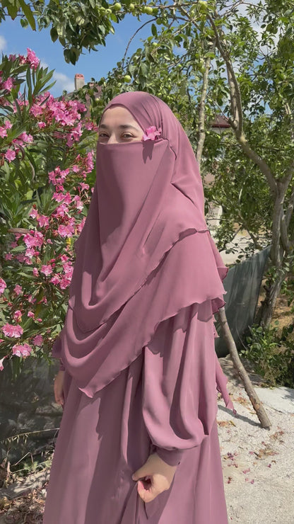 Alya Kol Bağlamalı Gül Kurusu Elbise Gül Kurusu Sufle Tesettür Hijab Takımı